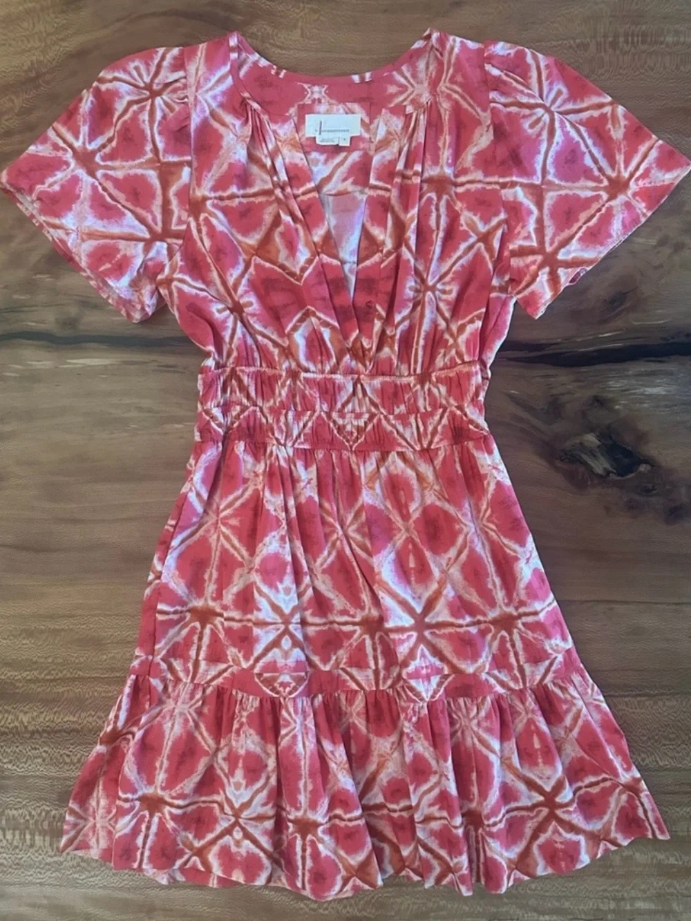 Anthropologie Somerset Mini Dress Pink Orange Tie Dye Smocked Waist Size:Small